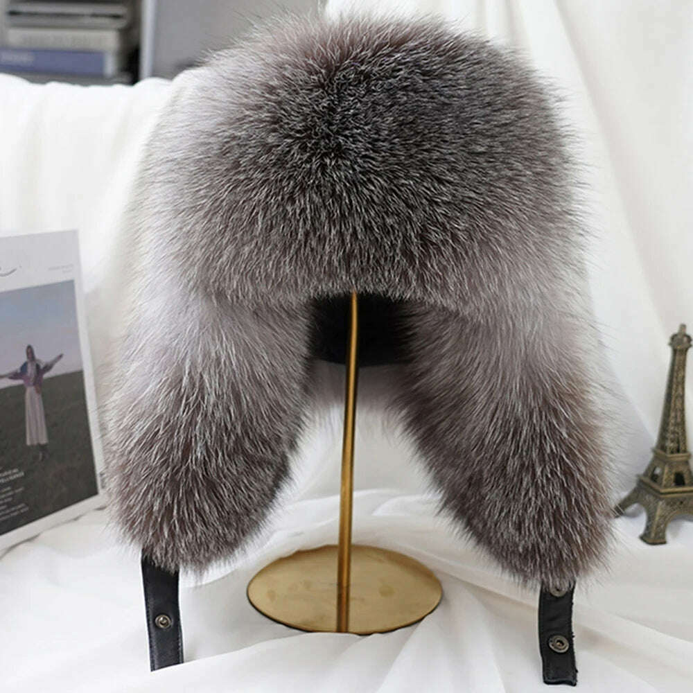 2023 Winter Men's 100% Real Silver Fox Fur Bomber Hat Raccoon Fur Ushanka Cap Trapper Russian Man Ski Hats Caps Real Leather Hat - KIMLUD