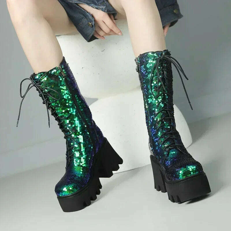 KIMLUD, 2023 Winter New Fashion Sequin Round Toe Platform Ankle Boots for Women Punk Style Party Nightclub Stage Mujer Big Size Shoes 43, KIMLUD Women's Clothes