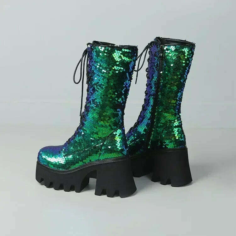 KIMLUD, 2023 Winter New Fashion Sequin Round Toe Platform Ankle Boots for Women Punk Style Party Nightclub Stage Mujer Big Size Shoes 43, Green.   651-2 / 34, KIMLUD Womens Clothes