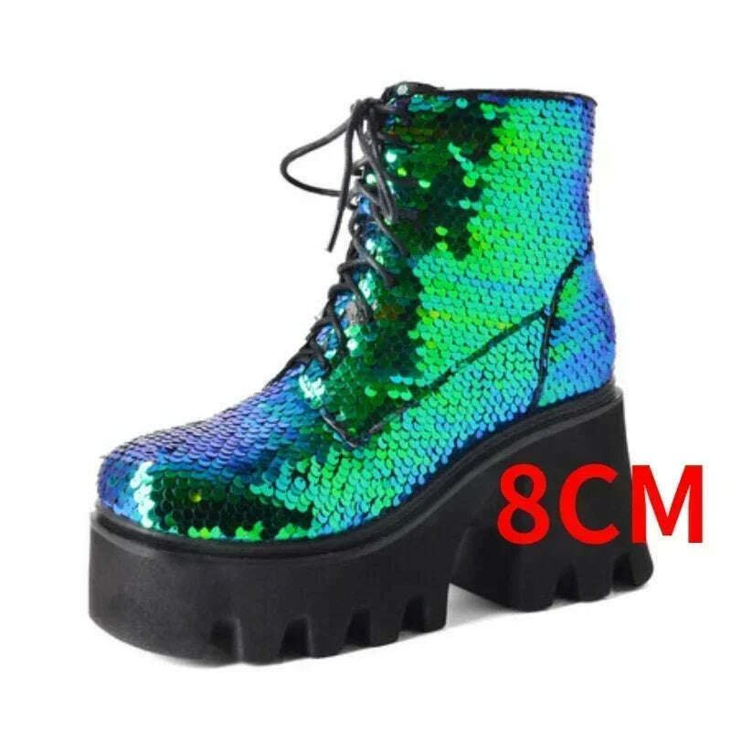 KIMLUD, 2023 Winter New Fashion Sequin Round Toe Platform Ankle Boots for Women Punk Style Party Nightclub Stage Mujer Big Size Shoes 43, Green   651-1 / 34, KIMLUD Women's Clothes