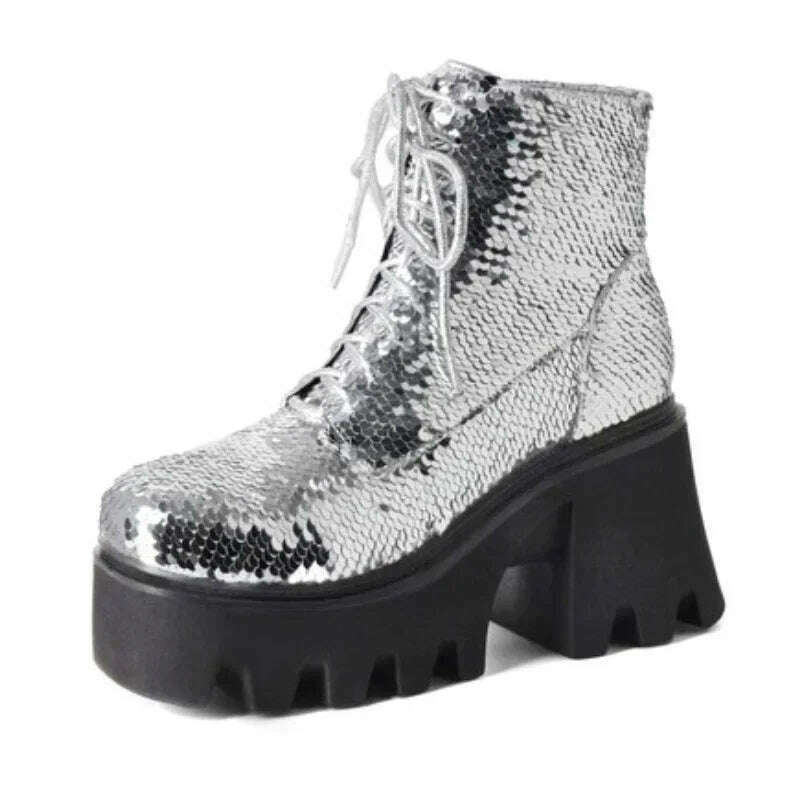 KIMLUD, 2023 Winter New Fashion Sequin Round Toe Platform Ankle Boots for Women Punk Style Party Nightclub Stage Mujer Big Size Shoes 43, White    651-1 / 34, KIMLUD Womens Clothes