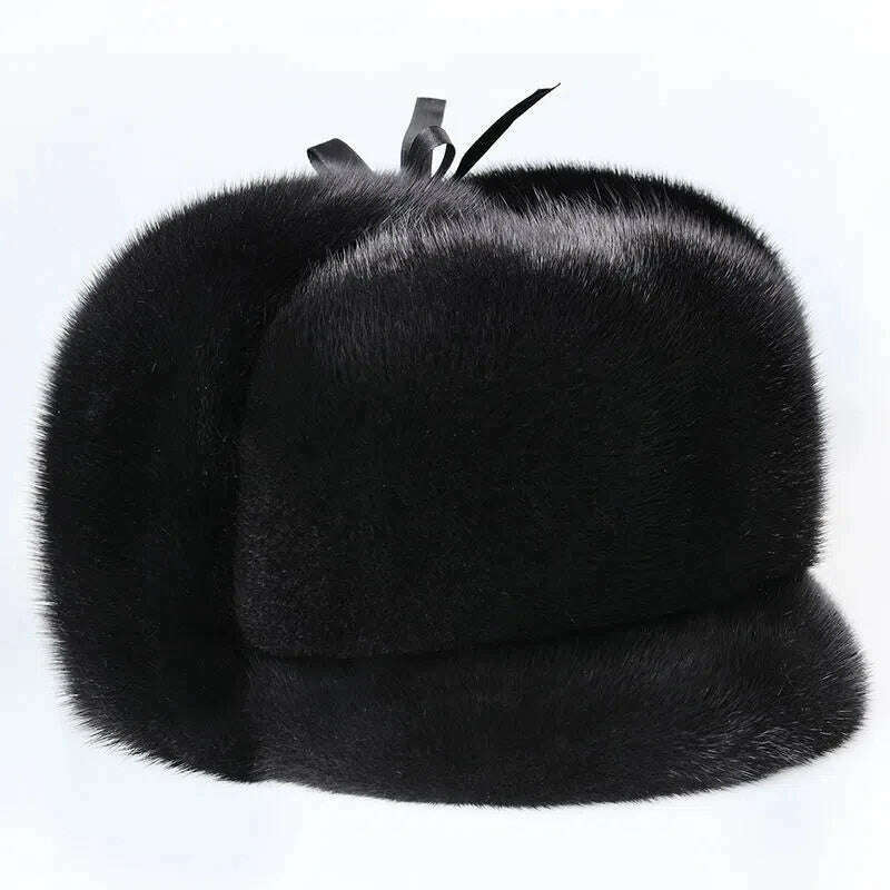 KIMLUD, 2023 Winter Unisex Top Real Mink Fur Bomber Hat Male Genuine Marten Head Warm Black/Brown Caps Best Gift For parent Gorras, KIMLUD Womens Clothes