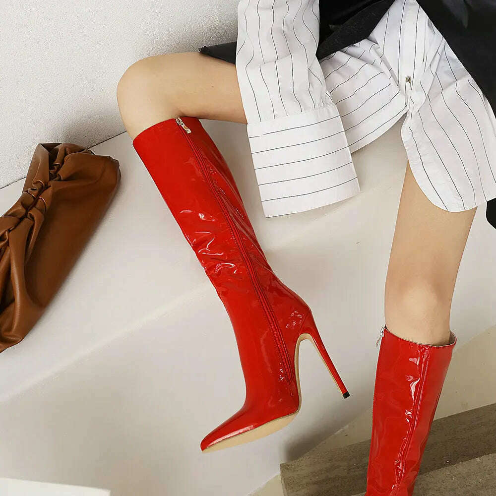 KIMLUD, 2023 Winter Women Knee High Modern Boots Patent Leather Big Size 34~46 Sexy Stiletto PU Party Shoes Botas De Invierno Para Mujer, KIMLUD Womens Clothes