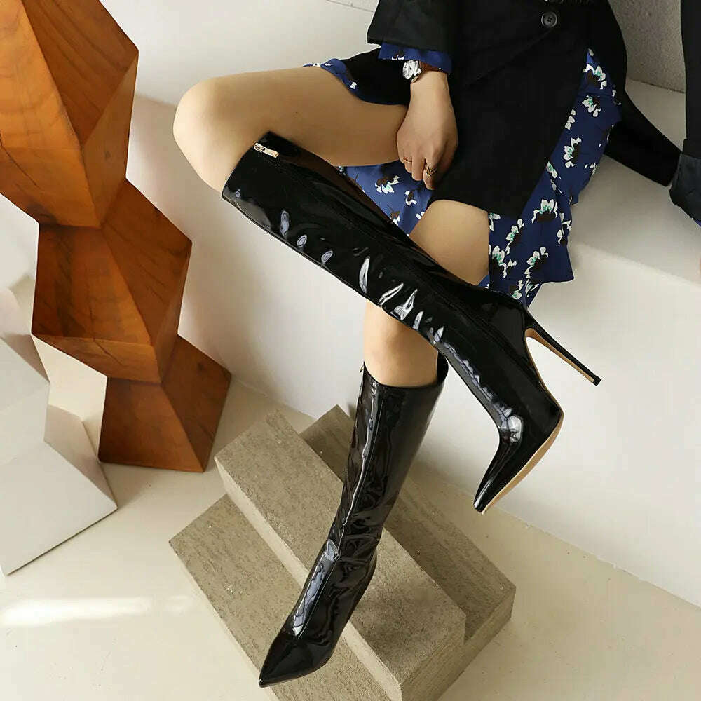 KIMLUD, 2023 Winter Women Knee High Modern Boots Patent Leather Big Size 34~46 Sexy Stiletto PU Party Shoes Botas De Invierno Para Mujer, KIMLUD Women's Clothes