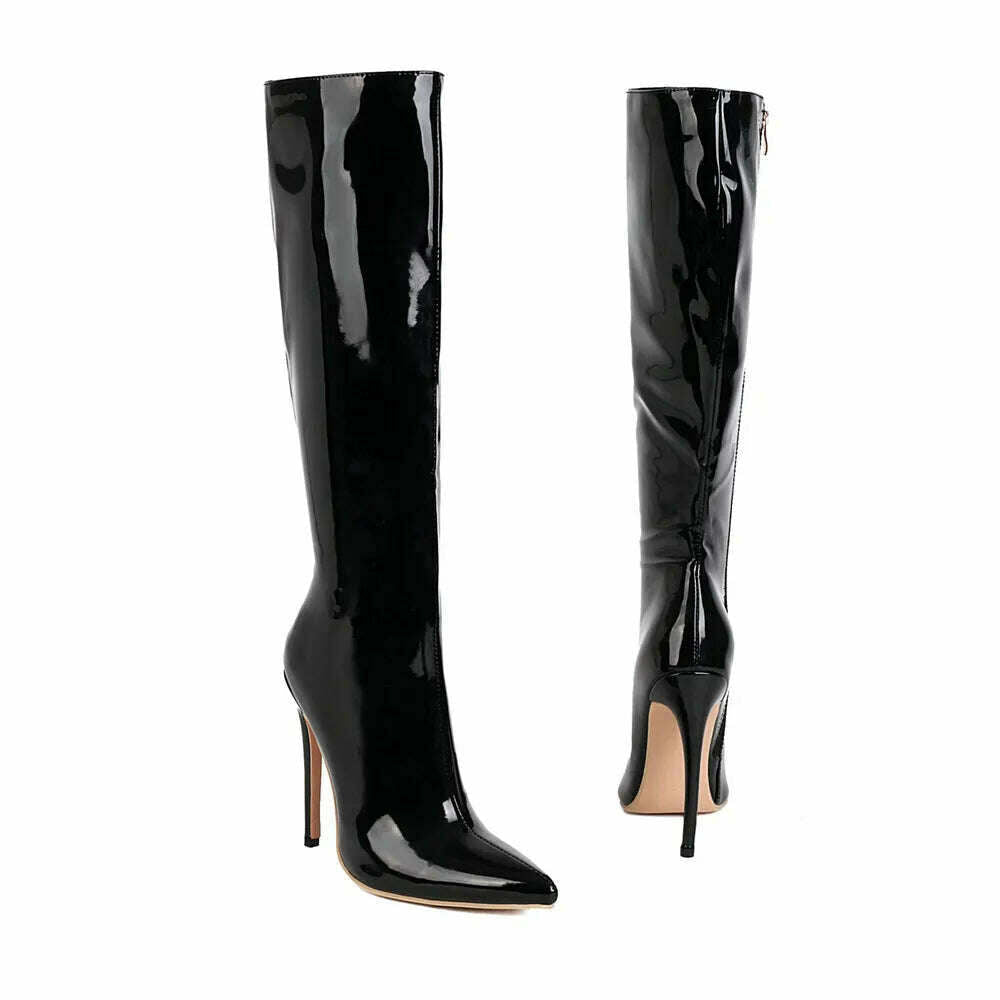 KIMLUD, 2023 Winter Women Knee High Modern Boots Patent Leather Big Size 34~46 Sexy Stiletto PU Party Shoes Botas De Invierno Para Mujer, KIMLUD Womens Clothes