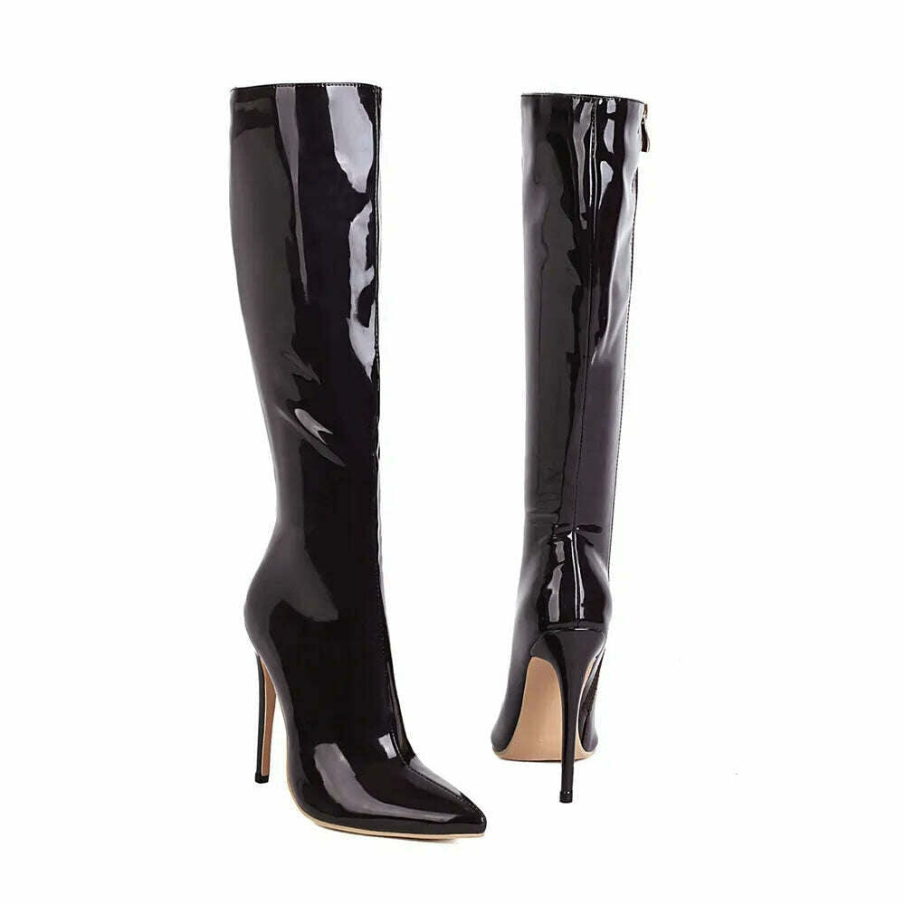 KIMLUD, 2023 Winter Women Knee High Modern Boots Patent Leather Big Size 34~46 Sexy Stiletto PU Party Shoes Botas De Invierno Para Mujer, KIMLUD Women's Clothes