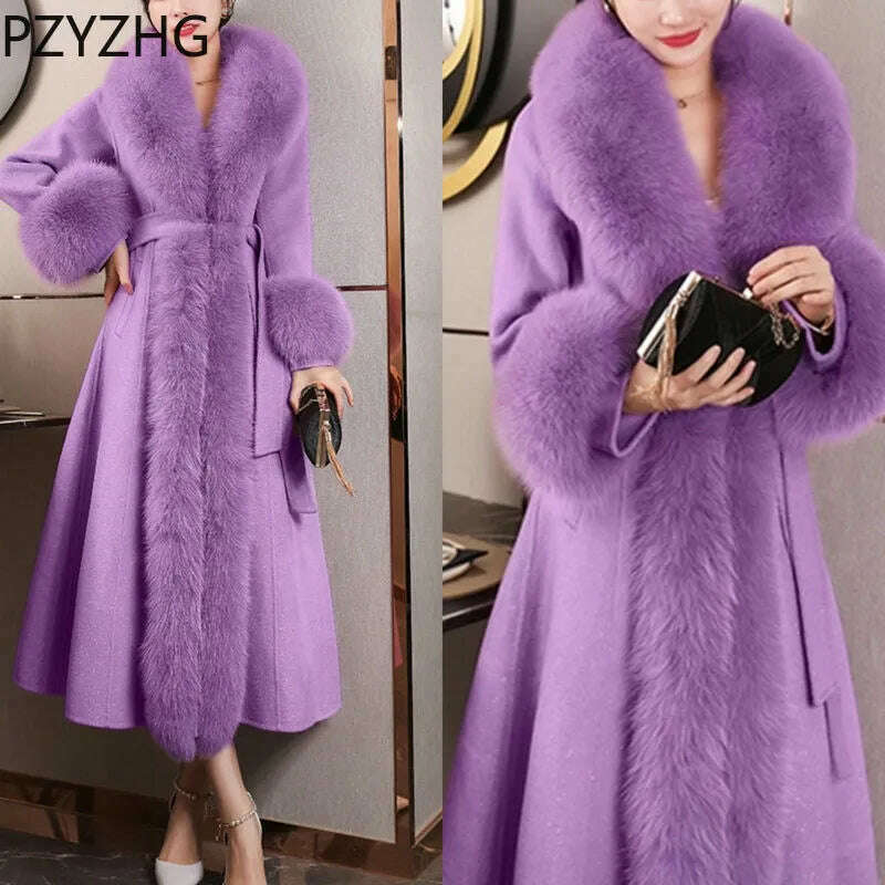KIMLUD, 2023 Winter Women New Cashmere Coat Anti Fox Collar Fabric Plus Cotton Mid Length Coat Celebrity High Large Collar Faux Fur, purple / S, KIMLUD Womens Clothes