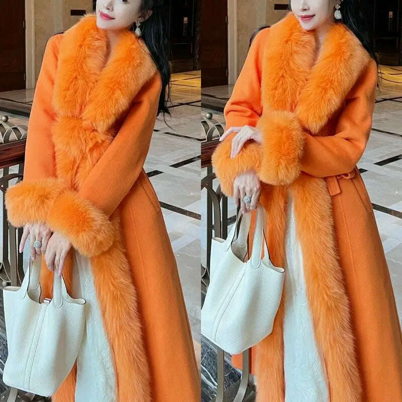 KIMLUD, 2023 Winter Women New Cashmere Coat Anti Fox Collar Fabric Plus Cotton Mid Length Coat Celebrity High Large Collar Faux Fur, orange / S, KIMLUD Womens Clothes