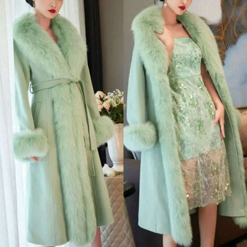 KIMLUD, 2023 Winter Women New Cashmere Coat Anti Fox Collar Fabric Plus Cotton Mid Length Coat Celebrity High Large Collar Faux Fur, green / S, KIMLUD Women's Clothes