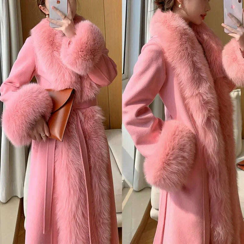 KIMLUD, 2023 Winter Women New Cashmere Coat Anti Fox Collar Fabric Plus Cotton Mid Length Coat Celebrity High Large Collar Faux Fur, pink / S, KIMLUD Women's Clothes