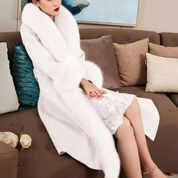 KIMLUD, 2023 Winter Women New Cashmere Coat Anti Fox Collar Fabric Plus Cotton Mid Length Coat Celebrity High Large Collar Faux Fur, white / S, KIMLUD Women's Clothes