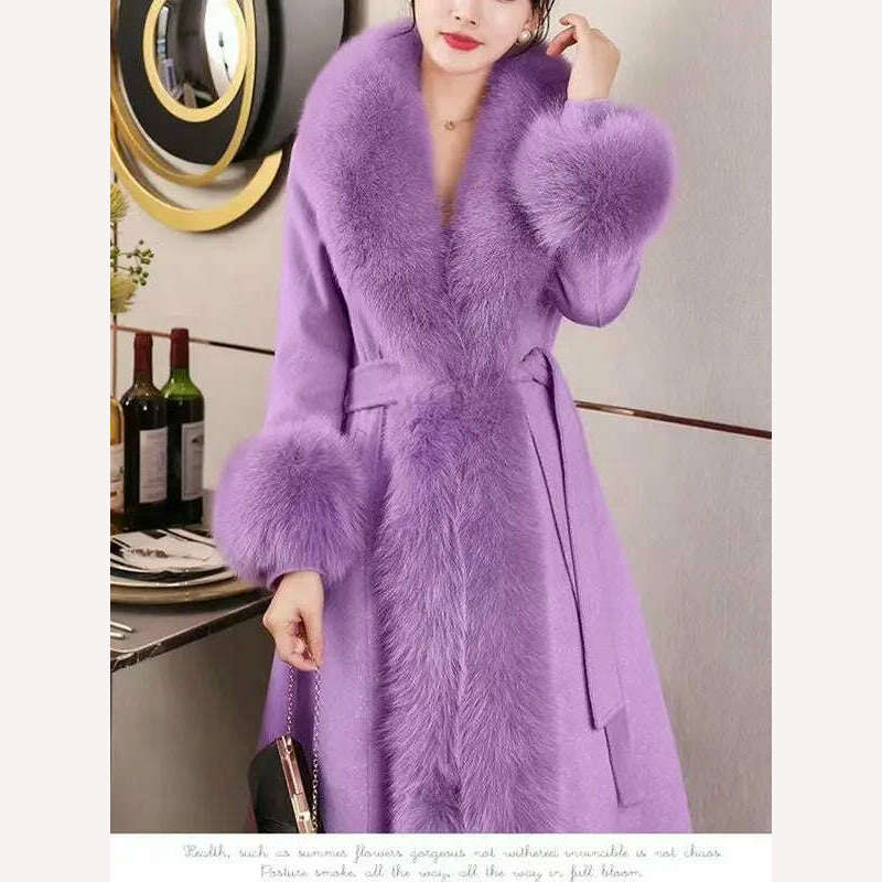 KIMLUD, 2023 Winter Women New Cashmere Coat Anti Fox Collar Fabric Plus Cotton Mid Length Coat Celebrity High Large Collar Faux Fur, KIMLUD Women's Clothes