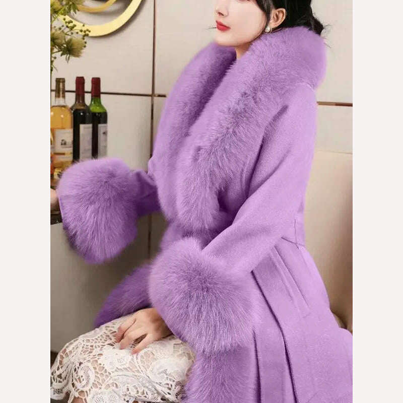 KIMLUD, 2023 Winter Women New Cashmere Coat Anti Fox Collar Fabric Plus Cotton Mid Length Coat Celebrity High Large Collar Faux Fur, KIMLUD Womens Clothes