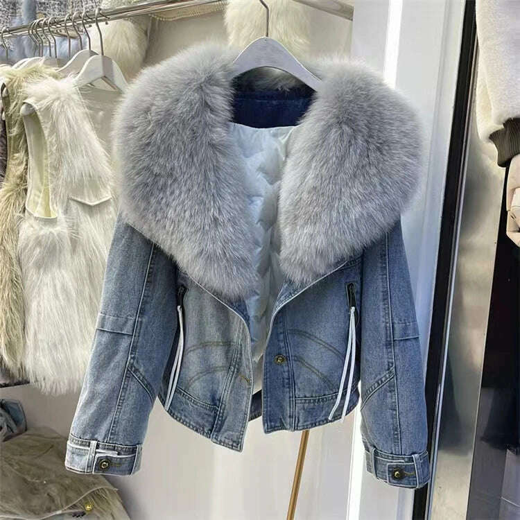 KIMLUD, 2023 Winter Women New Luxury Natural True Fox Fur Big Collar Goose Down Denim Down Jackets Short Warm Casual  Jacket Coat, Grey fox collar / L, KIMLUD Womens Clothes