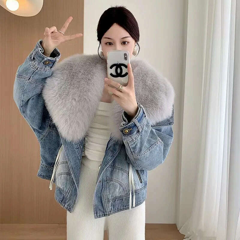 KIMLUD, 2023 Winter Women New Luxury Natural True Fox Fur Big Collar Goose Down Denim Down Jackets Short Warm Casual  Jacket Coat, KIMLUD Womens Clothes