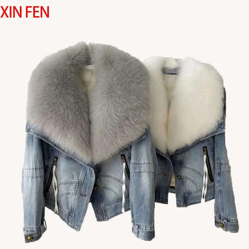 KIMLUD, 2023 Winter Women New Luxury Natural True Fox Fur Big Collar Goose Down Denim Down Jackets Short Warm Casual  Jacket Coat, KIMLUD Womens Clothes