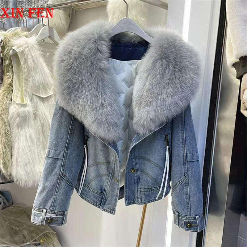 KIMLUD, 2023 Winter Women New Luxury Natural True Fox Fur Big Collar Goose Down Denim Down Jackets Short Warm Casual  Jacket Coat, KIMLUD Womens Clothes