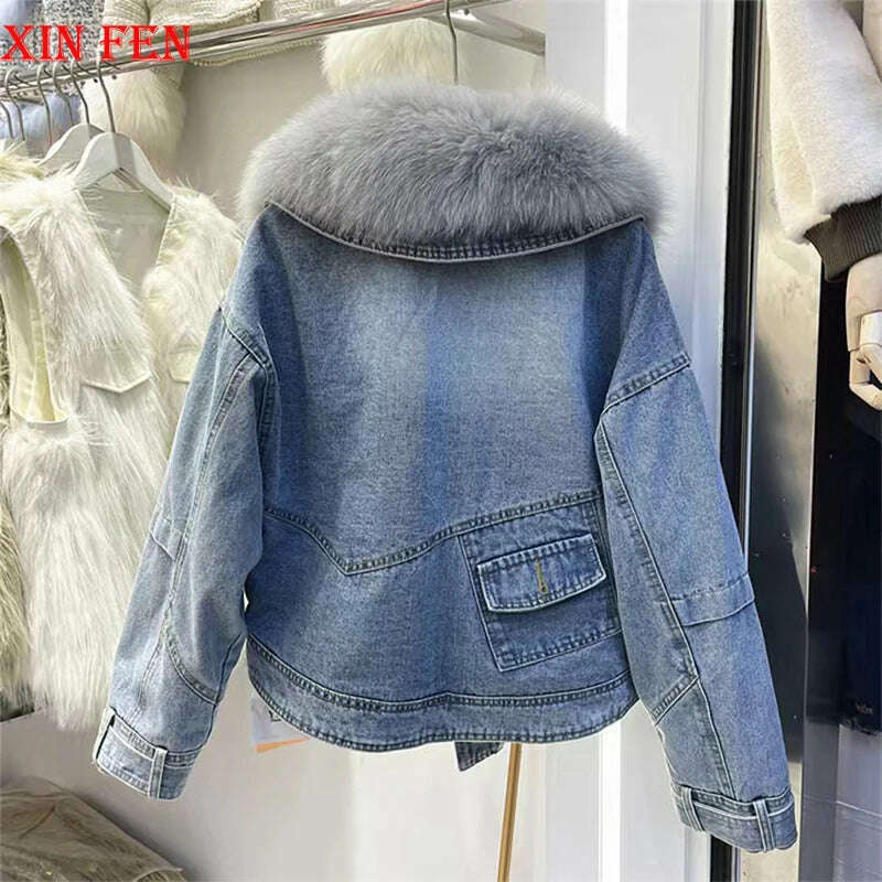 KIMLUD, 2023 Winter Women New Luxury Natural True Fox Fur Big Collar Goose Down Denim Down Jackets Short Warm Casual  Jacket Coat, KIMLUD Womens Clothes