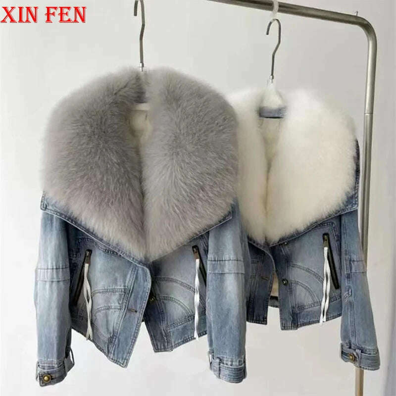 KIMLUD, 2023 Winter Women New Luxury Natural True Fox Fur Big Collar Goose Down Denim Down Jackets Short Warm Casual  Jacket Coat, KIMLUD Womens Clothes