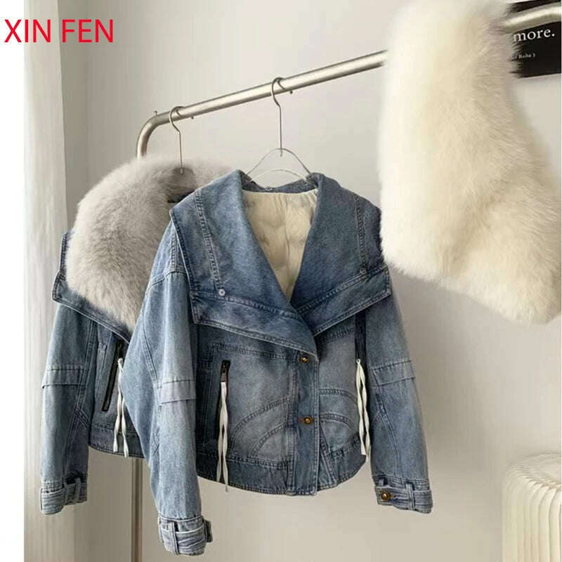 KIMLUD, 2023 Winter Women New Luxury Natural True Fox Fur Big Collar Goose Down Denim Down Jackets Short Warm Casual  Jacket Coat, KIMLUD Womens Clothes