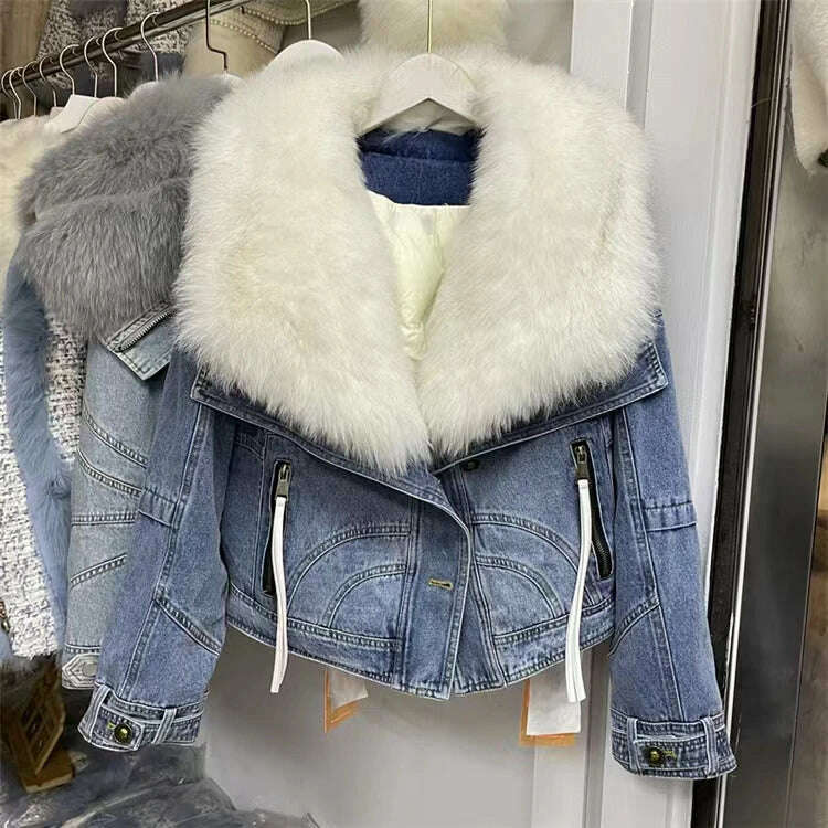KIMLUD, 2023 Winter Women New Luxury Natural True Fox Fur Big Collar Goose Down Denim Down Jackets Short Warm Casual  Jacket Coat, White Fox Collar / S, KIMLUD Womens Clothes