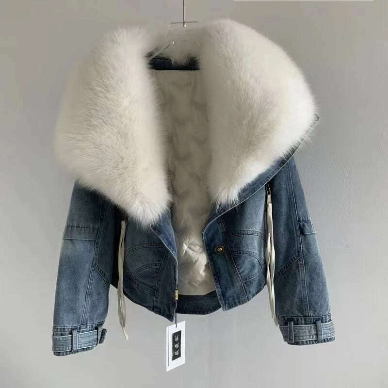 KIMLUD, 2023 Winter Women New Luxury Natural True Fox Fur Big Collar Goose Down Denim Down Jackets Short Warm Casual  Jacket Coat, KIMLUD Womens Clothes