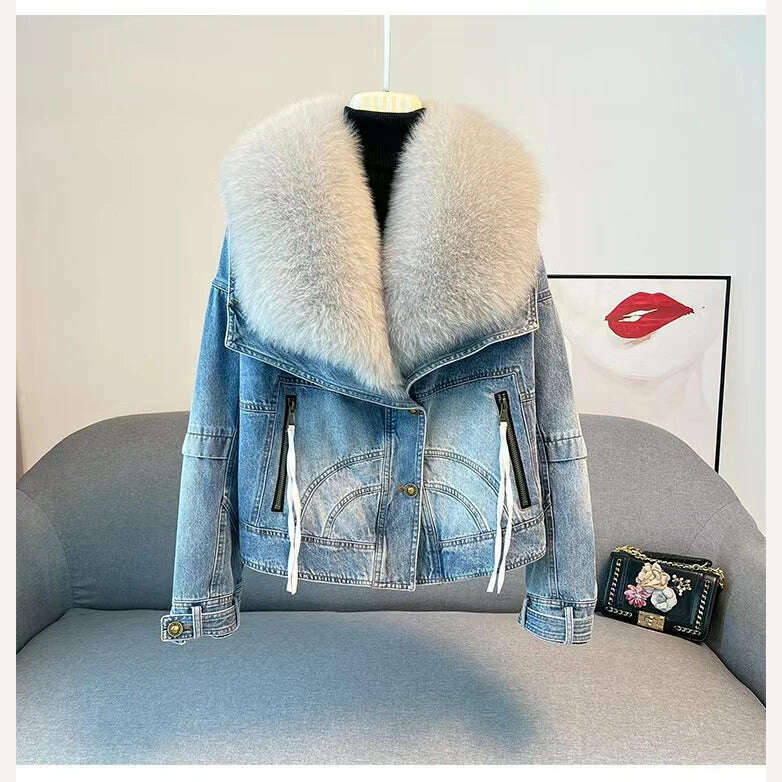 KIMLUD, 2023 Winter Women New Luxury Natural True Fox Fur Big Collar Goose Down Denim Down Jackets Short Warm Casual  Jacket Coat, KIMLUD Womens Clothes