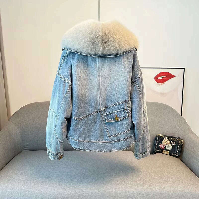 KIMLUD, 2023 Winter Women New Luxury Natural True Fox Fur Big Collar Goose Down Denim Down Jackets Short Warm Casual  Jacket Coat, KIMLUD Womens Clothes