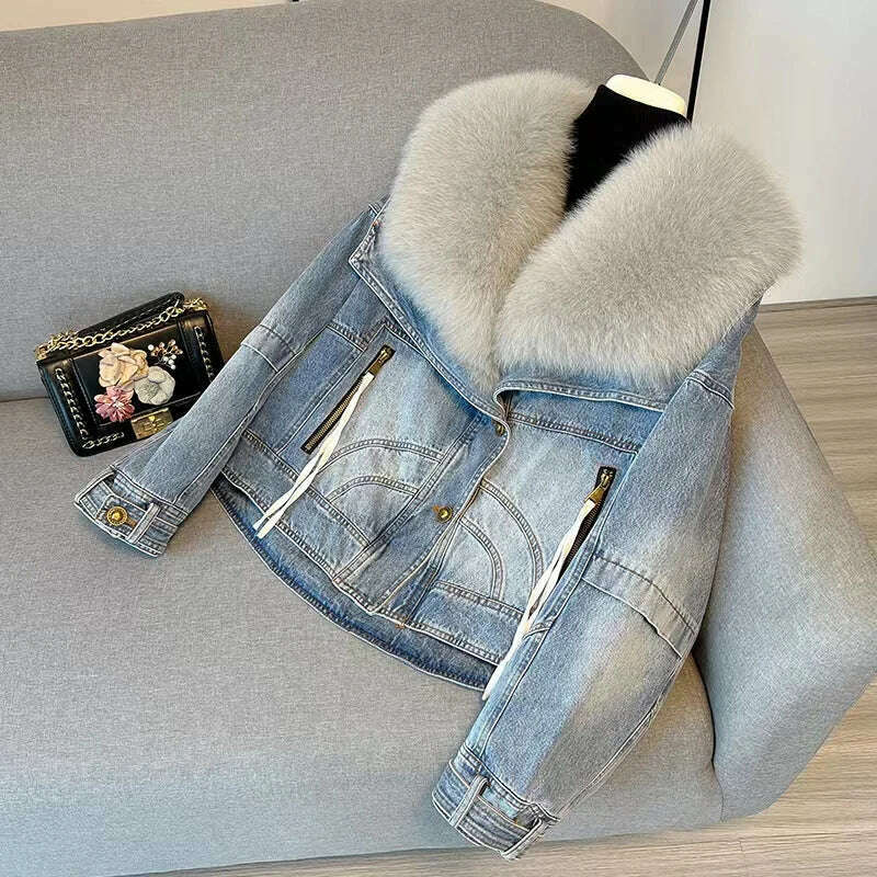 KIMLUD, 2023 Winter Women New Luxury Natural True Fox Fur Big Collar Goose Down Denim Down Jackets Short Warm Casual  Jacket Coat, KIMLUD Womens Clothes