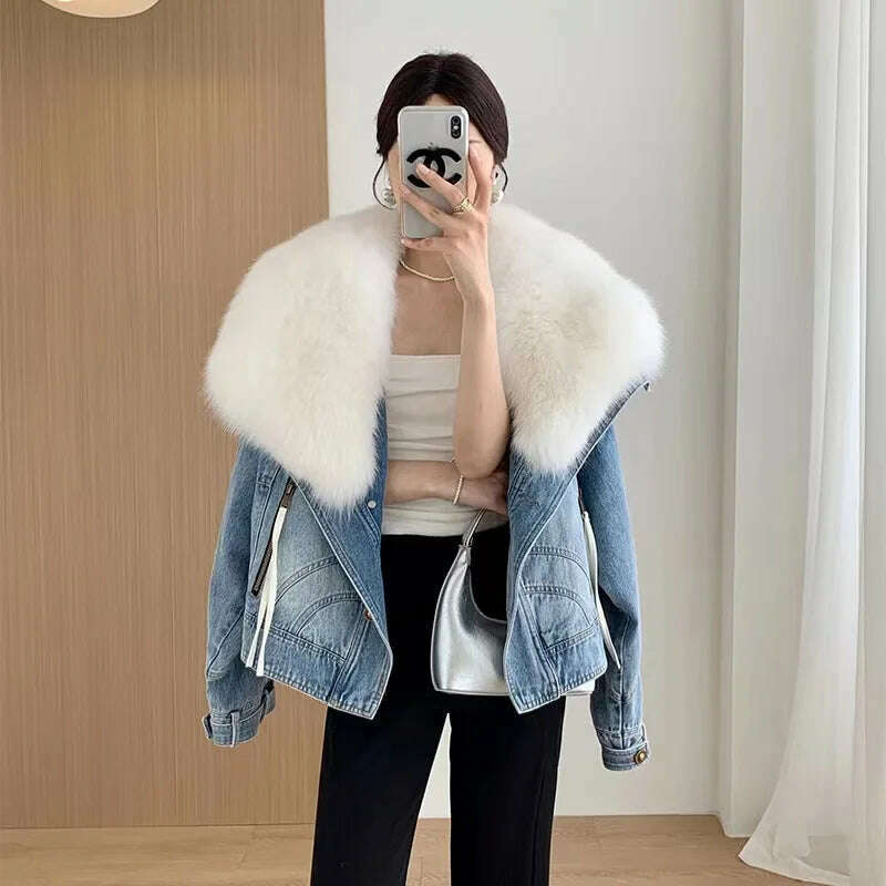 KIMLUD, 2023 Winter Women New Luxury Natural True Fox Fur Big Collar Goose Down Denim Down Jackets Short Warm Casual  Jacket Coat, KIMLUD Womens Clothes