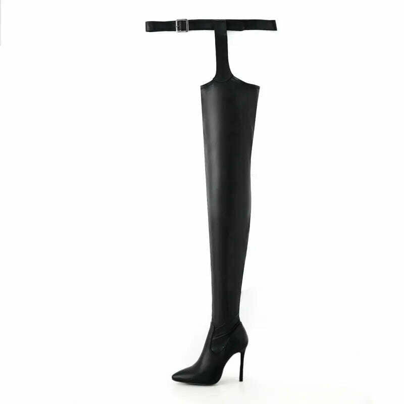 KIMLUD, 2023 Winter Women's High Knee Boots Leather Quality Shoes Sexy Stiletto Heel Belt Buckles Large Size Thigh High Boots Female, Black / 34, KIMLUD Women's Clothes