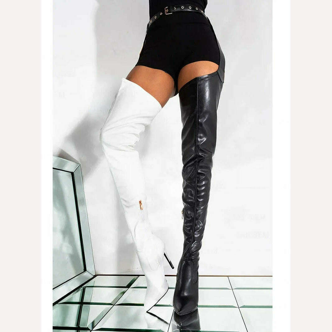 KIMLUD, 2023 Winter Women's High Knee Boots Leather Quality Shoes Sexy Stiletto Heel Belt Buckles Large Size Thigh High Boots Female, KIMLUD Women's Clothes