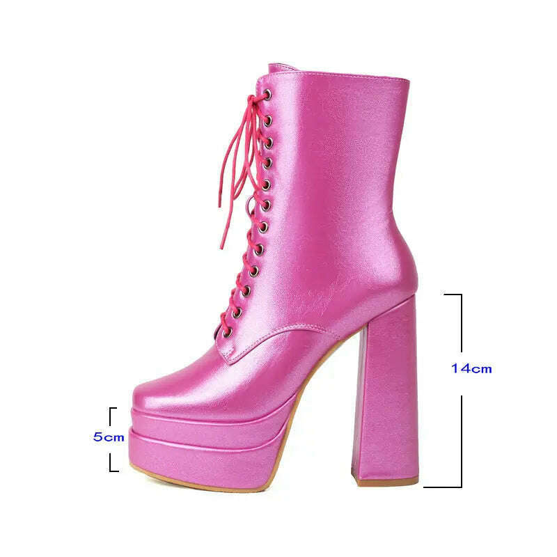 KIMLUD, 2023 Women Ankle Boots Platform Thick High Heel Ladies Short Boots PU Leather Fashion Square Toe Zipper Women's Boots Big Size, KIMLUD Womens Clothes