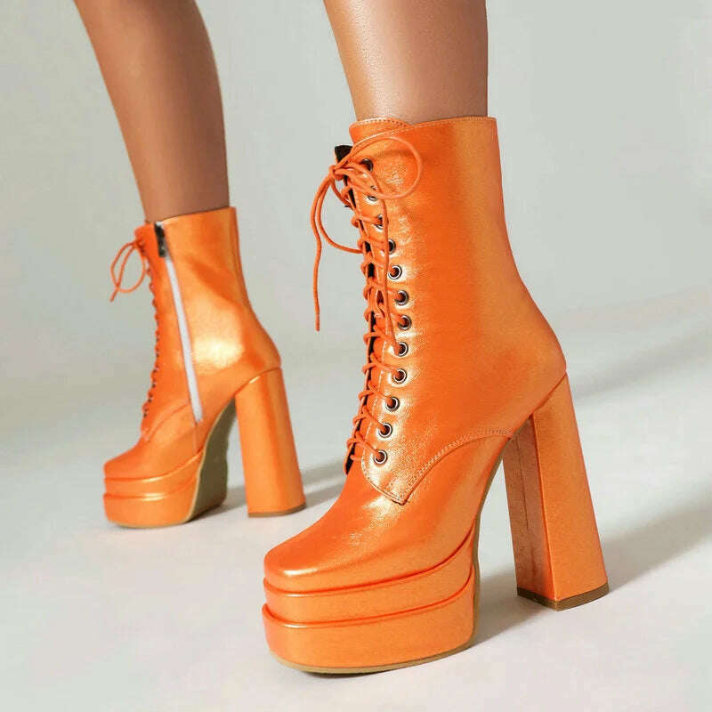 KIMLUD, 2023 Women Ankle Boots Platform Thick High Heel Ladies Short Boots PU Leather Fashion Square Toe Zipper Women's Boots Big Size, Orange / 10.5, KIMLUD Women's Clothes