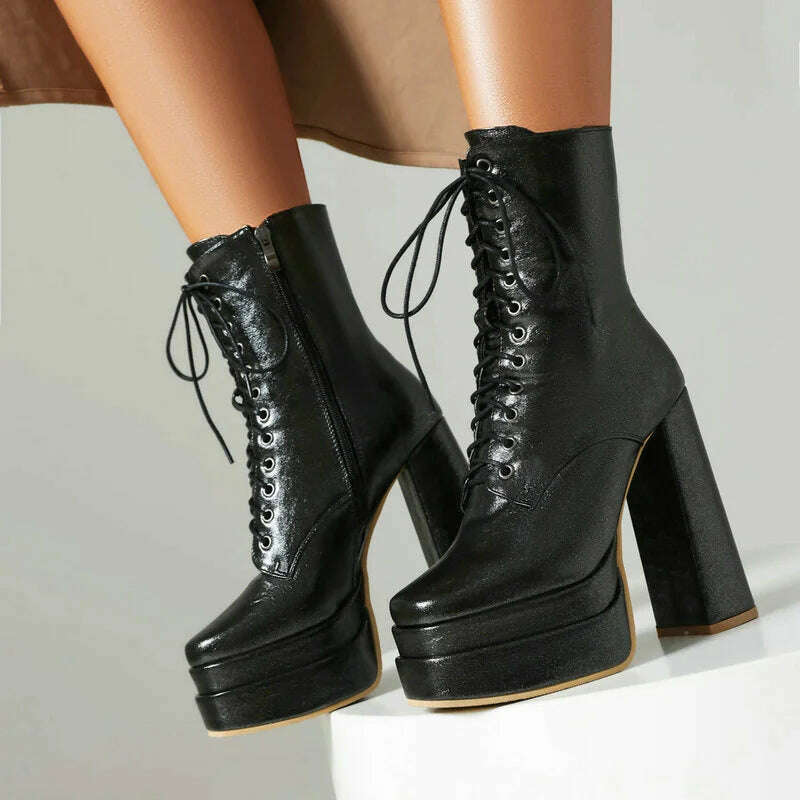 KIMLUD, 2023 Women Ankle Boots Platform Thick High Heel Ladies Short Boots PU Leather Fashion Square Toe Zipper Women's Boots Big Size, black / 12, KIMLUD Women's Clothes