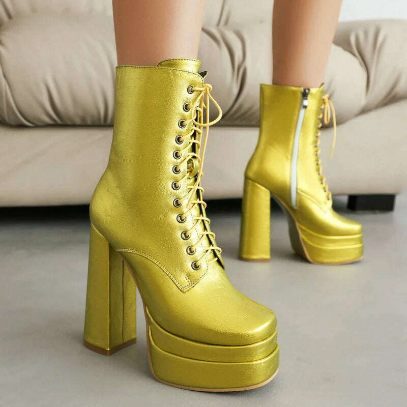 KIMLUD, 2023 Women Ankle Boots Platform Thick High Heel Ladies Short Boots PU Leather Fashion Square Toe Zipper Women's Boots Big Size, Yellow / 5, KIMLUD Women's Clothes