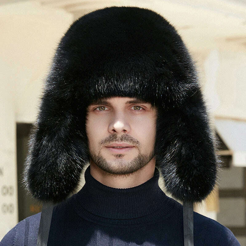 KIMLUD, 2023 Women Men's Fashion Winter Real Raccoon Fur Trooper Hat Authentic Raccoon Fur Hat With Sheep Leather Visor Luxury Fur Cap, Black / One Size, KIMLUD Women's Clothes