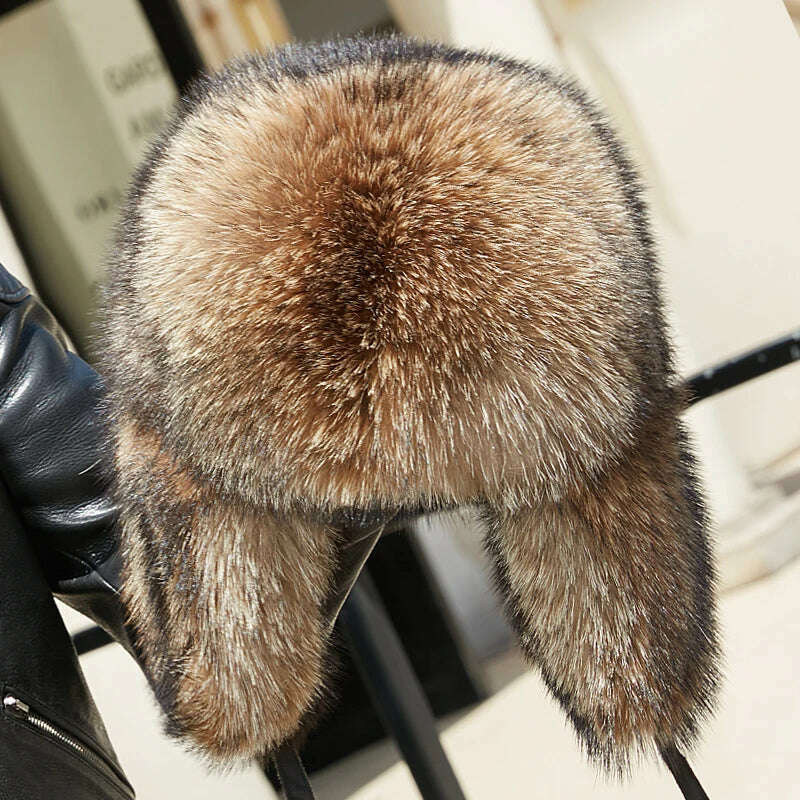 KIMLUD, 2023 Women Men's Fashion Winter Real Raccoon Fur Trooper Hat Authentic Raccoon Fur Hat With Sheep Leather Visor Luxury Fur Cap, KIMLUD Womens Clothes