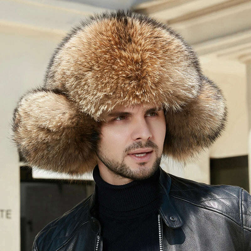 KIMLUD, 2023 Women Men's Fashion Winter Real Raccoon Fur Trooper Hat Authentic Raccoon Fur Hat With Sheep Leather Visor Luxury Fur Cap, KIMLUD Women's Clothes