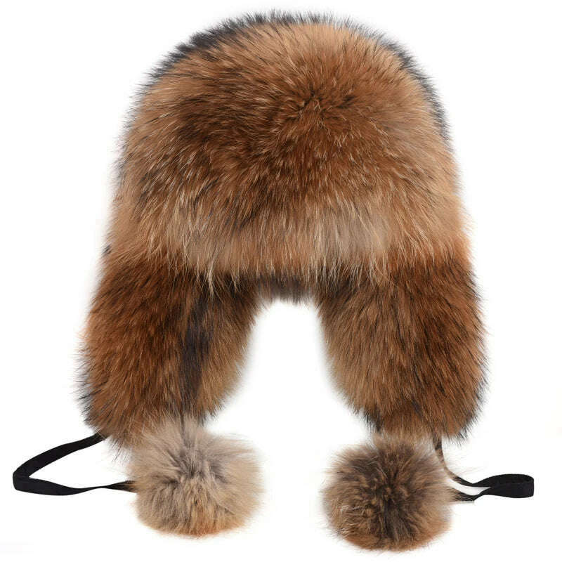 KIMLUD, 2023 Women Men's Fashion Winter Real Raccoon Fur Trooper Hat Authentic Raccoon Fur Hat With Sheep Leather Visor Luxury Fur Cap, KIMLUD Womens Clothes