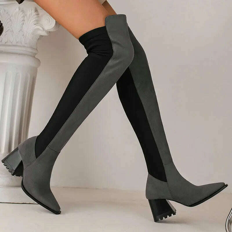 KIMLUD, 2023 Women Over the Knee Boots Flock Thick High Heel Ladies Thigh Boots Fashion Square Toe Slip on Women Stretch Boots Big Size, KIMLUD Womens Clothes