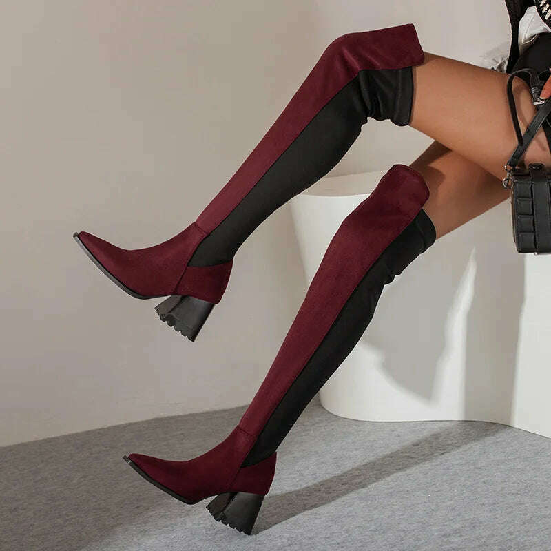 KIMLUD, 2023 Women Over the Knee Boots Flock Thick High Heel Ladies Thigh Boots Fashion Square Toe Slip on Women Stretch Boots Big Size, wine red / 11.5, KIMLUD Womens Clothes