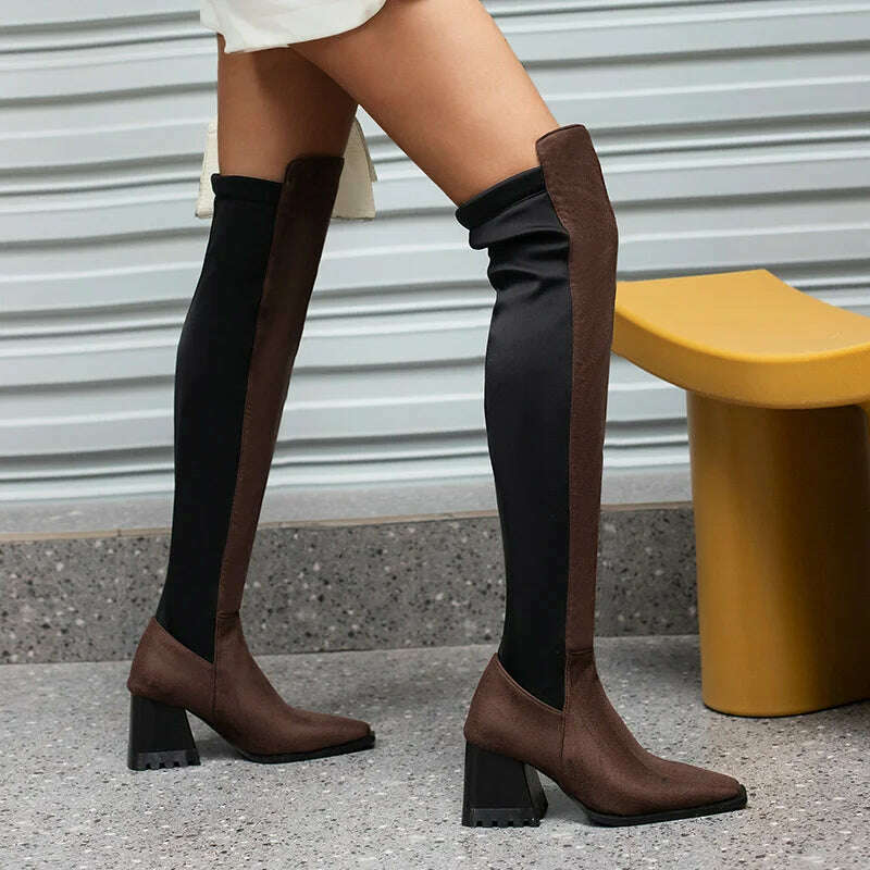 KIMLUD, 2023 Women Over the Knee Boots Flock Thick High Heel Ladies Thigh Boots Fashion Square Toe Slip on Women Stretch Boots Big Size, Brown / 5.5, KIMLUD Womens Clothes