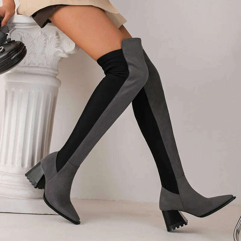 KIMLUD, 2023 Women Over the Knee Boots Flock Thick High Heel Ladies Thigh Boots Fashion Square Toe Slip on Women Stretch Boots Big Size, GRAY / 10, KIMLUD Womens Clothes