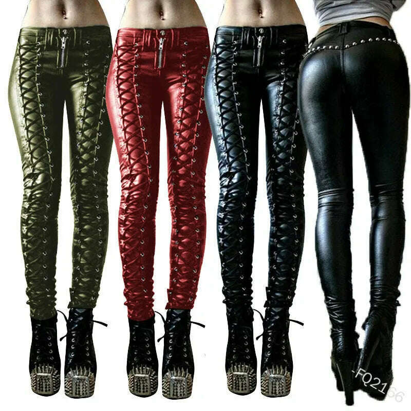 KIMLUD, 2023 Women Retro PU Pants Leather Pants Steampunk Rivet Lace-up Pencil Pants Skinny Trousers Streetwear Autumn Casual Trousers, KIMLUD Womens Clothes