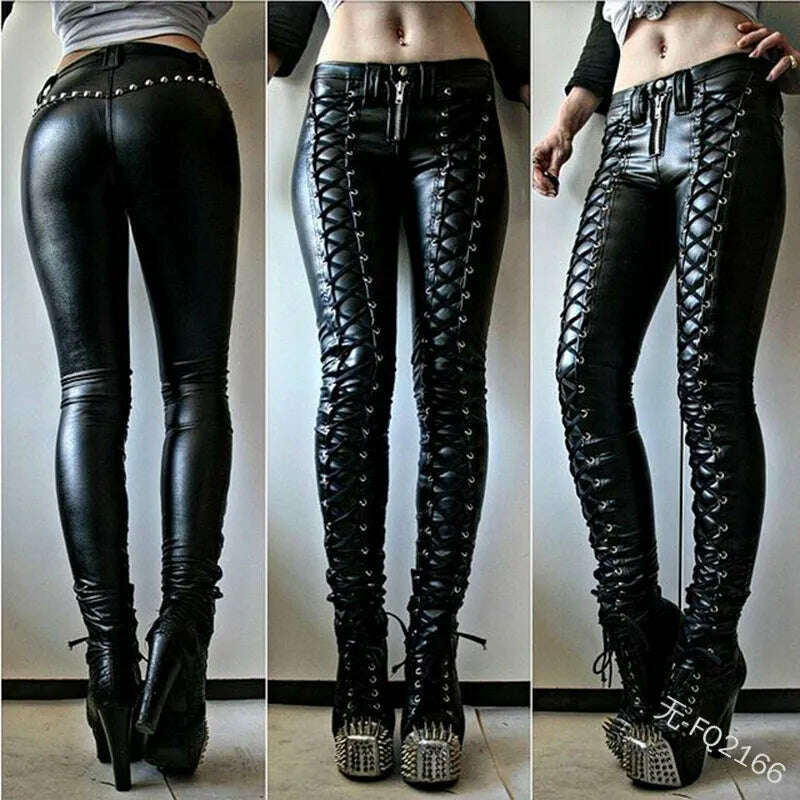 2023 Women Retro PU Pants Leather Pants Steampunk Rivet Lace-up Pencil Pants Skinny Trousers Streetwear Autumn Casual Trousers - KIMLUD