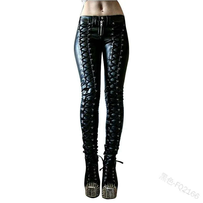 2023 Women Retro PU Pants Leather Pants Steampunk Rivet Lace-up Pencil Pants Skinny Trousers Streetwear Autumn Casual Trousers - KIMLUD