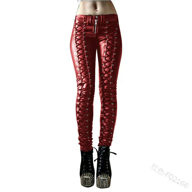 KIMLUD, 2023 Women Retro PU Pants Leather Pants Steampunk Rivet Lace-up Pencil Pants Skinny Trousers Streetwear Autumn Casual Trousers, Red / S, KIMLUD Women's Clothes
