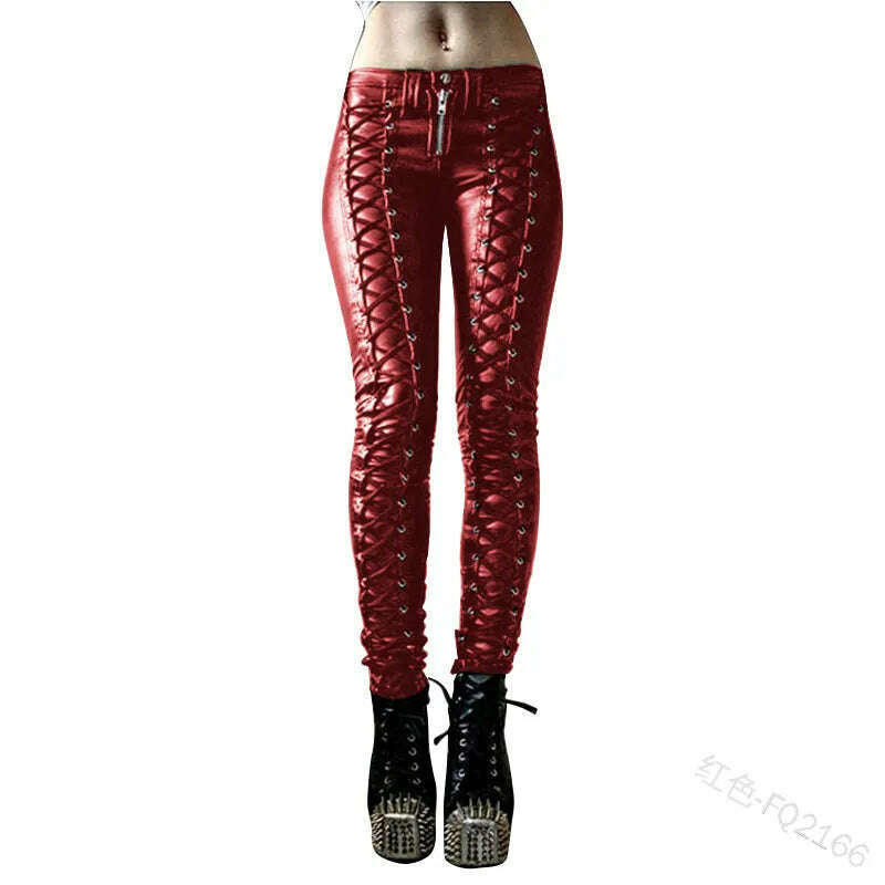 2023 Women Retro PU Pants Leather Pants Steampunk Rivet Lace-up Pencil Pants Skinny Trousers Streetwear Autumn Casual Trousers - KIMLUD