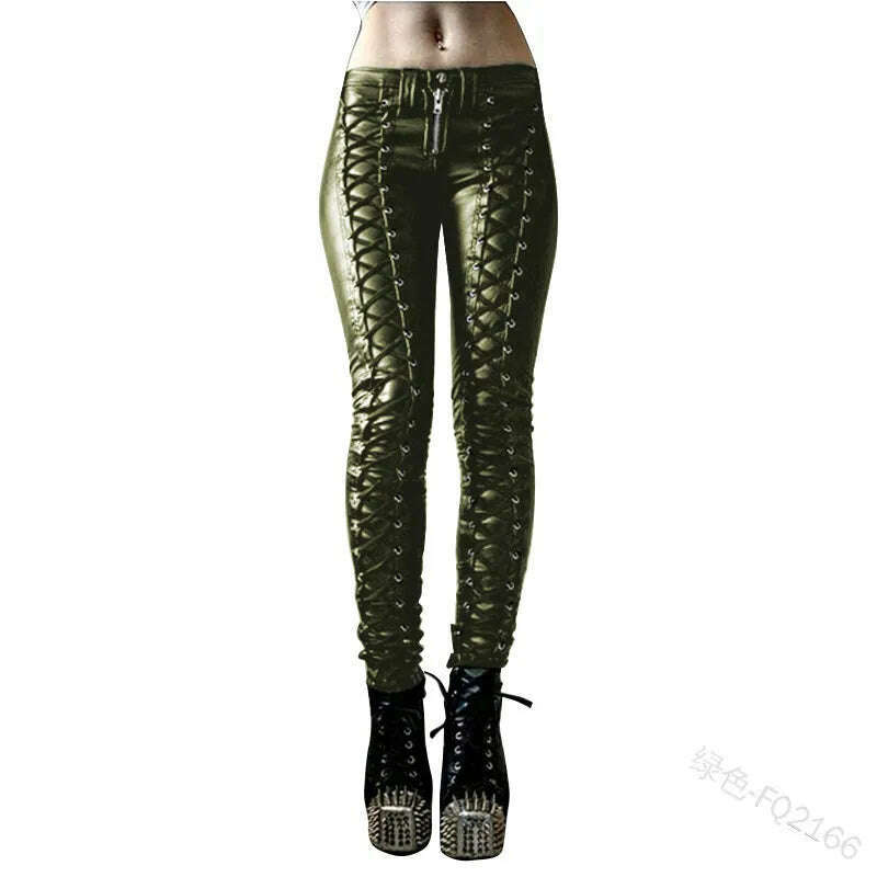2023 Women Retro PU Pants Leather Pants Steampunk Rivet Lace-up Pencil Pants Skinny Trousers Streetwear Autumn Casual Trousers - KIMLUD